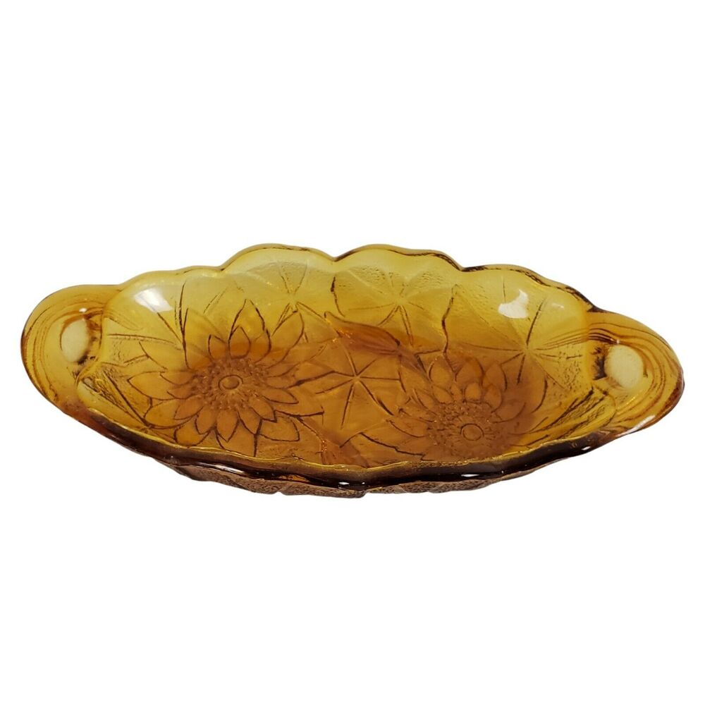 Vintage Amber Gold Opalescent Glass Oval Sunflower Bowl Relish Nut Candy Dish